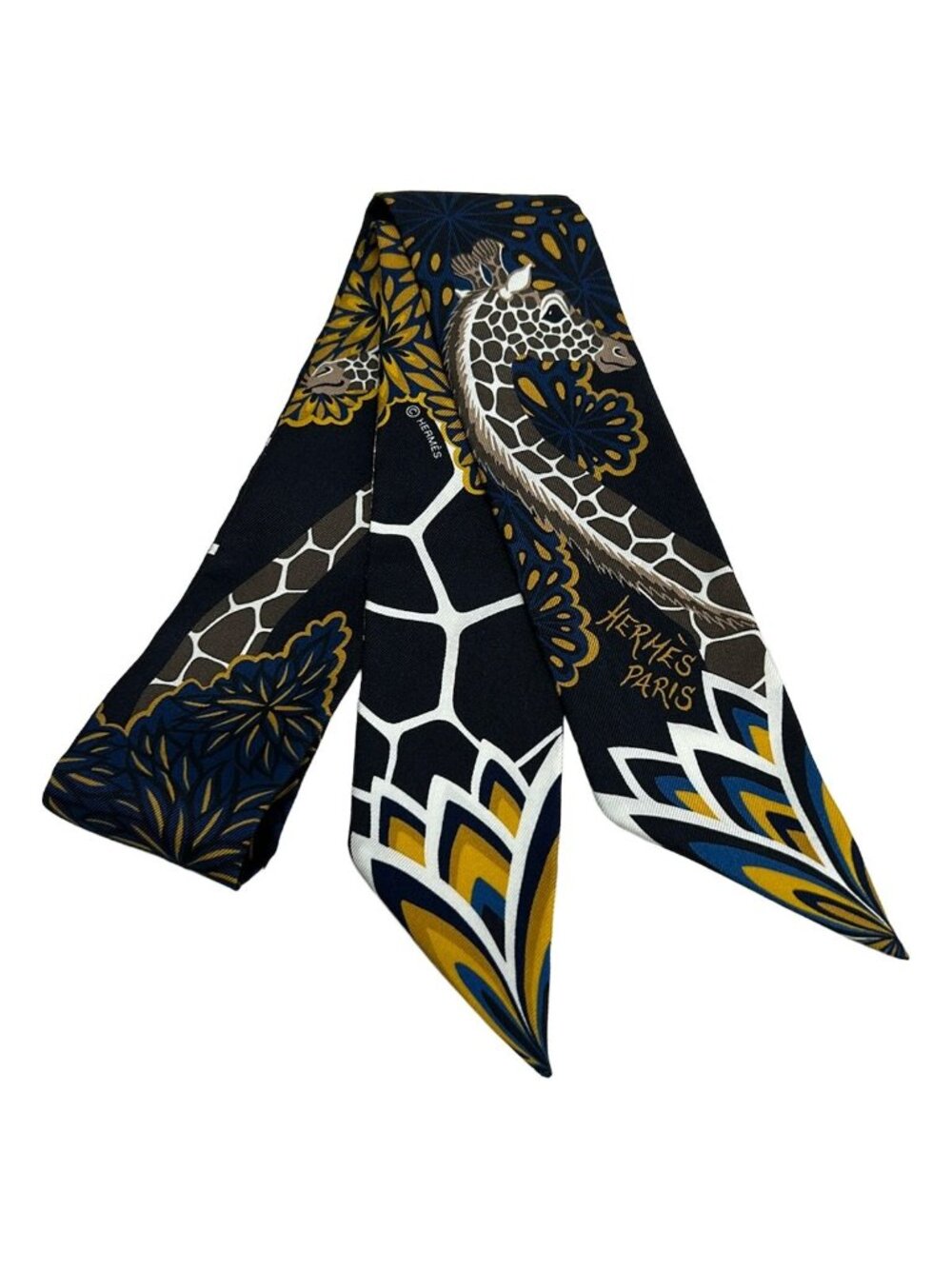 Hermes Scarf Twilly Black Yellow Brown the Three Graces Giraffe